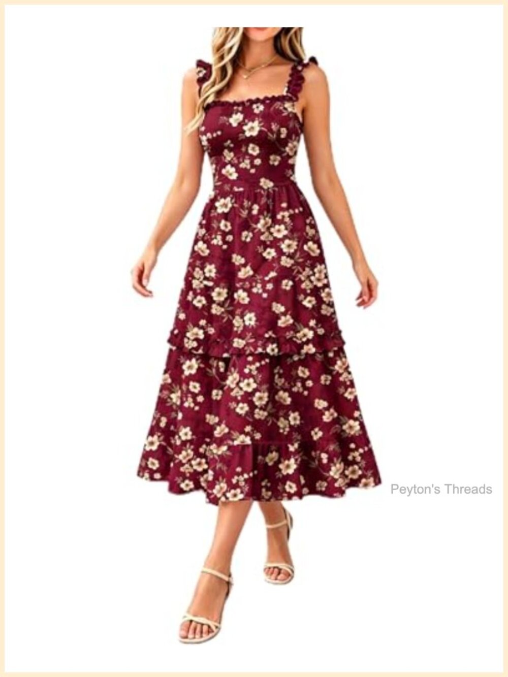 Floral Smocked Midi Dress Square Neck Ruffle Strap Tiered Flowy Boho Summer